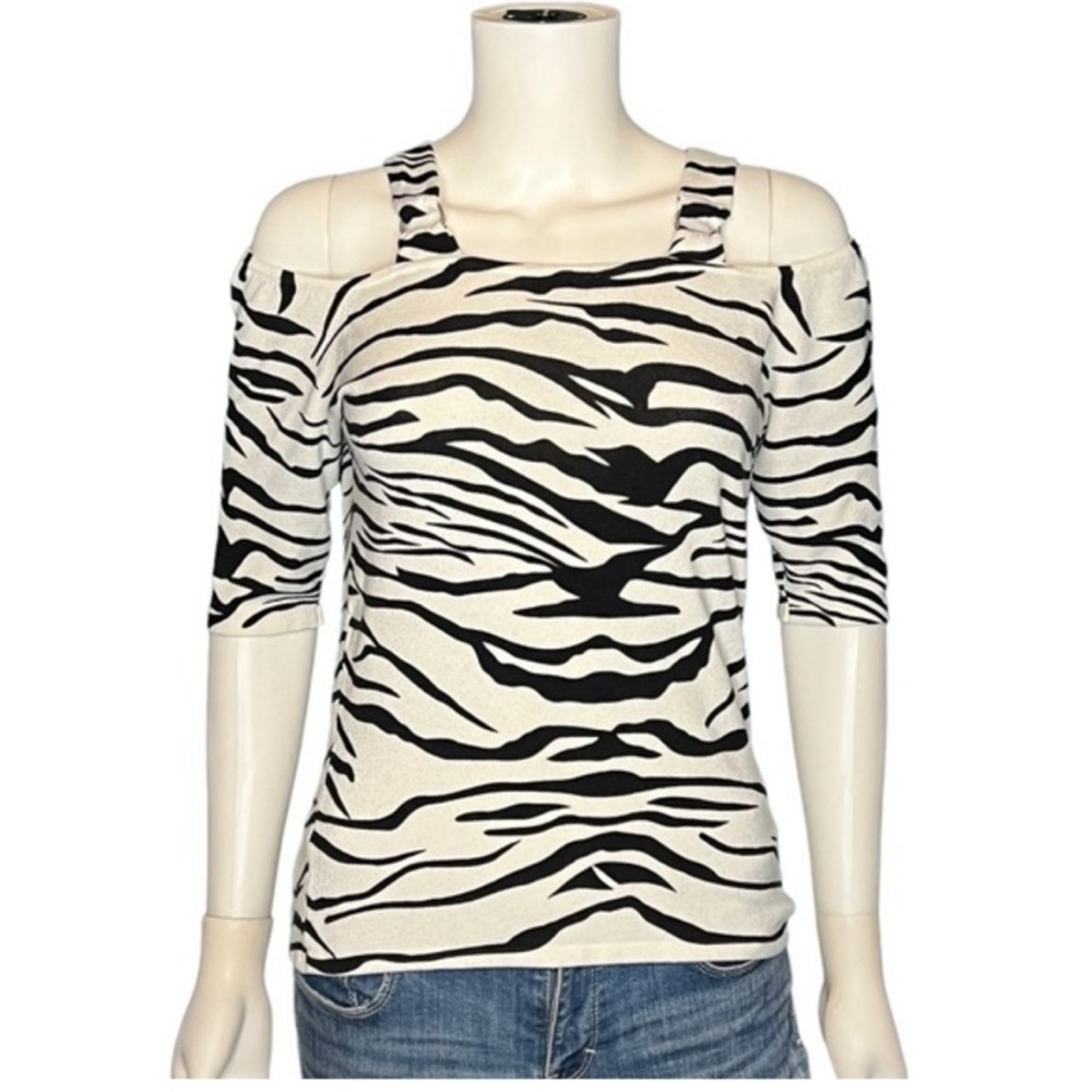 Cache White Black/White Stripe Zebra Animal Print Cold Shoulder Top shirt
